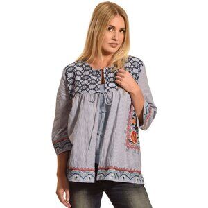 Johnny Was Embroidered Blue Striped Cotton Workshop Jacket M